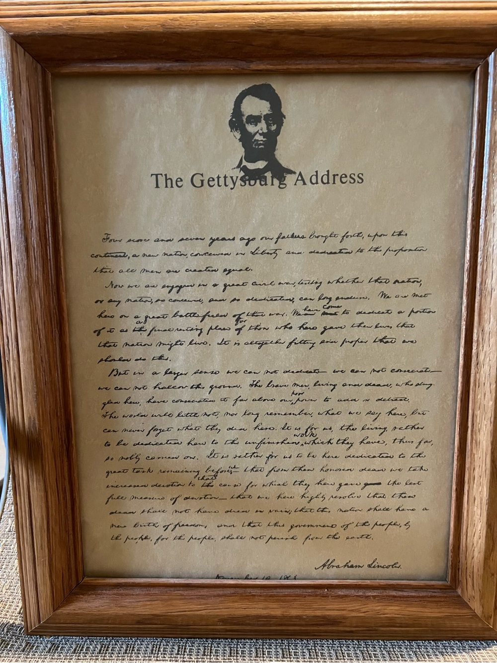 Framed Gettysburg Address Print with Abraham Lincoln Portrait